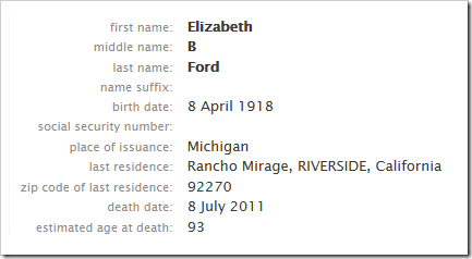 SSDI entry on FamilySearch.org for Betty Ford, wife of the former president