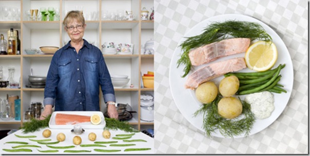 Brigitta Fransson, 70 years old, Stockholm, Sweden. Inkokt Lax, poached cold salmon and vegetables