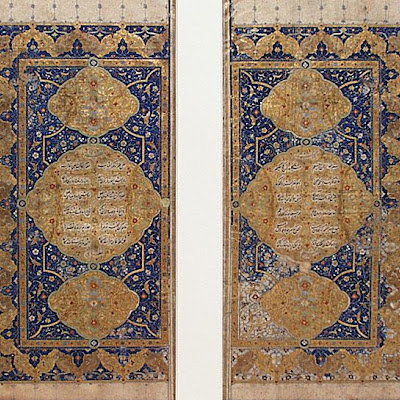 Double-Page Frontispiece from a Manuscript of the Khamsa of Nizami :: Origin = Iran, Shiraz :: Period = 1517/924 A.H. :: Collection = The Nasli M. Heeramaneck Collection, gift of Joan Palevsky (M.73.5.522) :: Type = Manuscript Illumination; Calligraphy; Bookmanuscriptalbum, Ink, opaque watercolor, and gold on paper, 11 34 x 6 34 in. (29.8 x 17.1 cm) each M73_5_522.jpg
