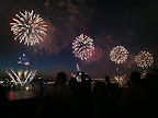 You can see fireworks exploding from four of the six barges.