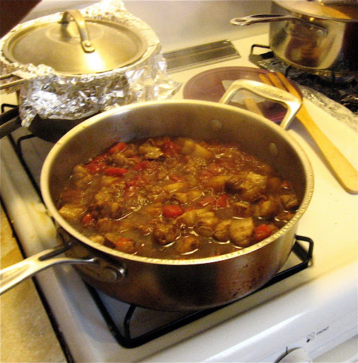 I chose a pork belly dish because I had never cooked with it before. The main flavoring here was Chinese five-spice powder and tomatoes. When steaming my rice, I covered the pan with foil to create a tighter seal.