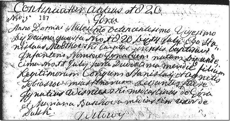 Baptism of Ignacy Tobiasz - 14 Jul 1820 - Page 187 - No 5 - Gora Parish