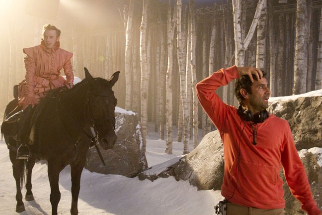 Actor Robert Emms and director Tarsem Singh make ready for a scene on horseback, "Snow White," September 12, 2011