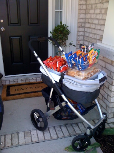 Luke's baby carriage all loaded up with lunch.