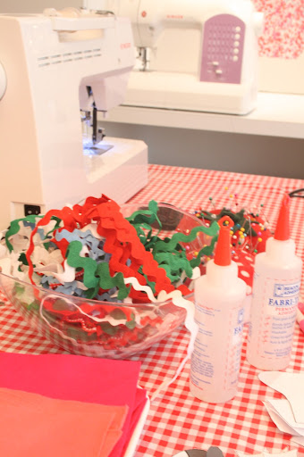 This is the station that was set up with two sewing machines, rick rack, glue, and felt in preparation for making the felt bags.