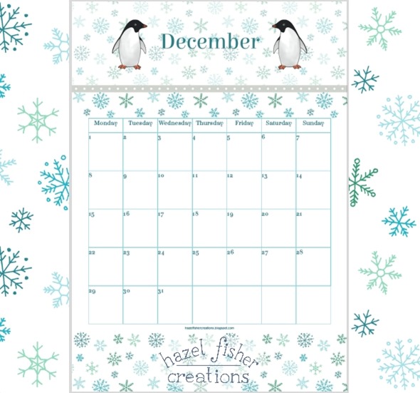 2014 December 02 free printable calendar penguins hazel fisher creations