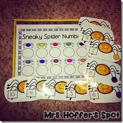 Sneaky spider numbers. You can do this center many ways. We are doing adding one more to the number on the spider.