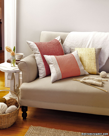 Fall & Winter: Give plain sofa pillows vibrant personalities with easy-to-make pillow bands. These are made with wool; when the weather warms, they can be swapped for a more summery material, such as a cheerful printed cotton. Fall & Winter: Give plain sofa pillows vibrant personalities with easy-to-make pillow bands. These are made with wool; when the weather warms, they can be swapped for a more summery material, such as a cheerful printed cotton.