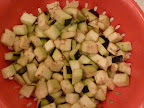 Eggplant draining in colander.