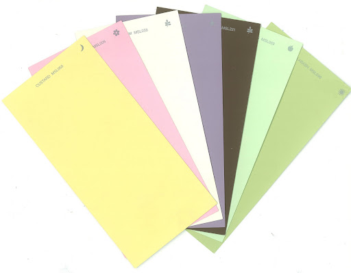 The following paint colors are from the Martha Stewart Living paint collection at Home Depot: Custard (MSL068), Sugared Pansy Pink (MSL006), Heavy Cream (MSL058), Wampum (MSL179), Chocolate Truffle (MSL221), Aurora Borealis (MSL089) and Calabash (MSL099). (homedepot.com)
