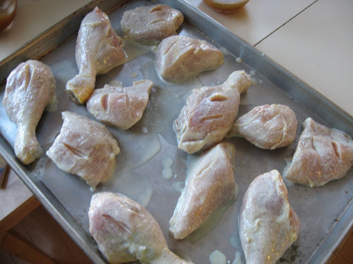 I marinated chicken breasts and legs overnight in a yogurt-based marinade for our chicken tikka masala. We cooked it in a very hot oven on a sheet pan, saving some of the marinade to use in the sauce later.