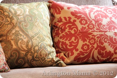 JoAnn Fabric Sample DIY Pillows "living room reveal", "living room furniture", "high ceiling room", "tall curtains", "extra long curtains", "new furniture", "furnishing a new house", "two focal point living room", "arranging furniture", "new house", "decorating a new house"