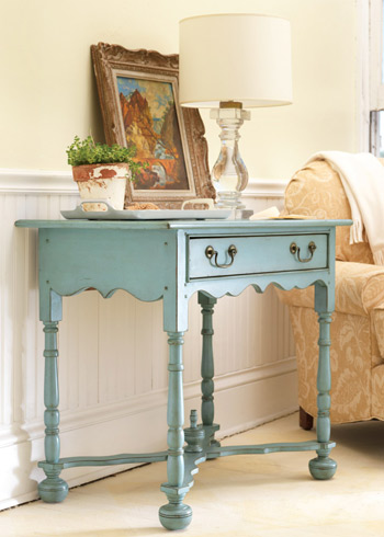A console need not be long and narrow. This charming piece really adds character to a more traditional space. (Somerset Bay Mackinaw Lowboy, Layla Grace) A console need not be long and narrow. This charming piece really adds character to a more traditional space. (Somerset Bay Mackinaw Lowboy, Layla Grace)