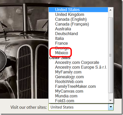 Ancestry.com "other sites" dropdown indicates a Mexico site.