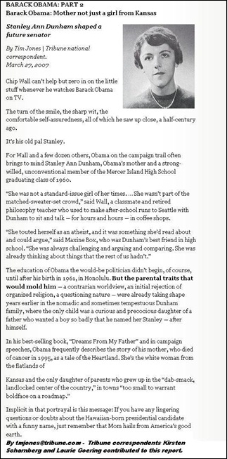 OBAMA Barack mother Stanley Ann Dunham a communist