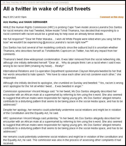 LEANDRA JESSICA DOS SANTOS RACIST TWEET HUMAN RIGHTS COMMISSION PROBE BUT BLACK RACIST TWEETS IGNORED ARTICLE PRETORIA NEWS MAY82012