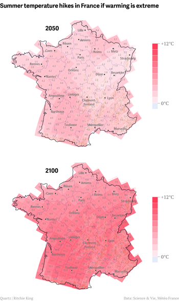 Projected summer temperature increases in France under an extreme global warming scenario. Graphic: climat.meteofrance.com / Ritchie King / Quartz