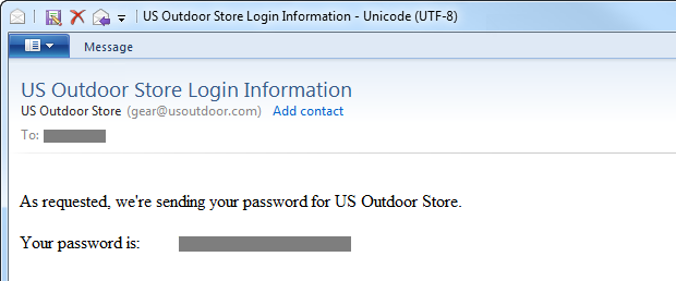 Password sent in plain text by usoutdoor.com