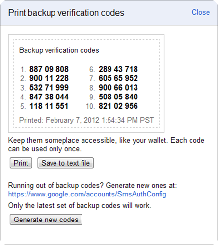 backup verification codes