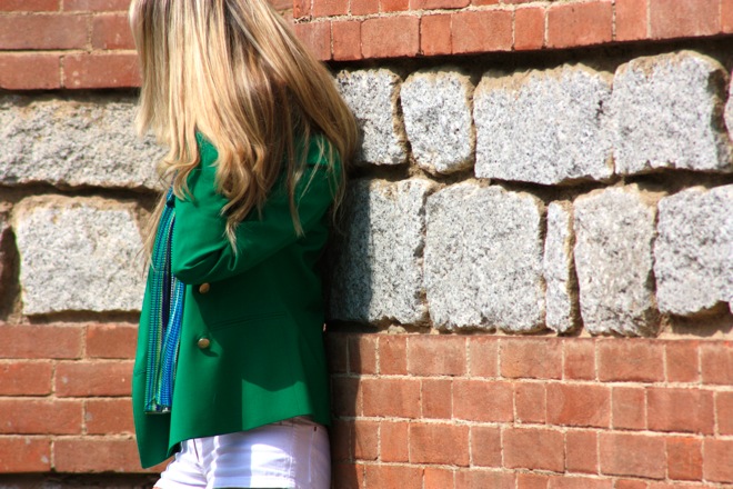 green jacket, outfit white