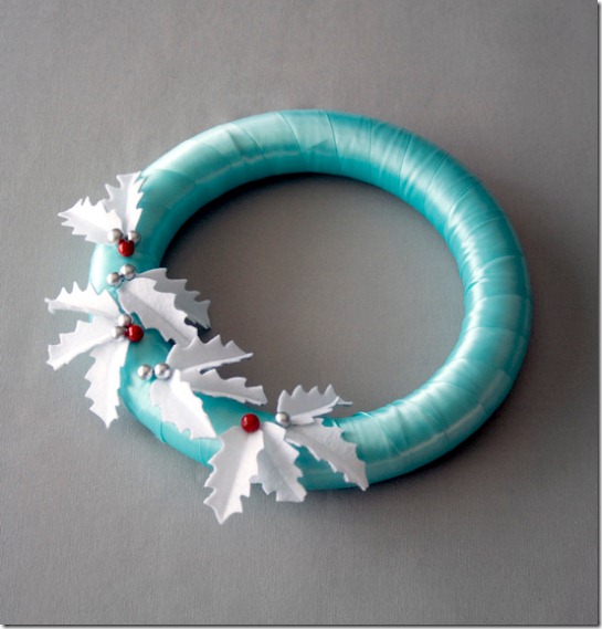 Winter wreath--satin ribbon wrapped wreath with felt holly leaves