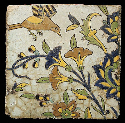 Tile | Origin: Iran, Isfahan | Period: 17th century | Collection: The Nasli M. Heeramaneck Collection, gift of Joan Palevsky (M.73.5.756) | Type: Ceramic; Architectural element, Fritware, cuerda seca technique, 9 3/16 x 9 5/16 in. (23.3 x 23.7 cm)