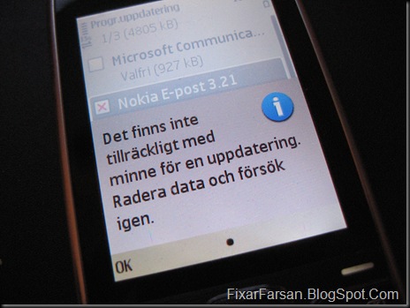Nokia Telefonminnet phone memory slut E-Post 3.21 uppdatering