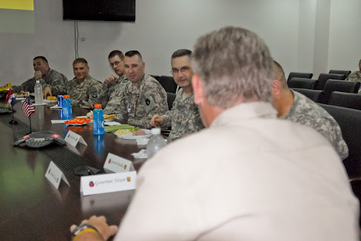 Missouri Gov. Jay Nixon addresses troops from his home state during a town hall meeting at Multi-National Division - South headquarters July 19. Nixon came to Contingency Operating Base Basra, Iraq as part of a three-governor tour which included Minnesota Gov. Tim Pawlenty and Nevada Gov. Jim Gibbons. (U.S. Army photo by Sgt. Frank Vaughn)