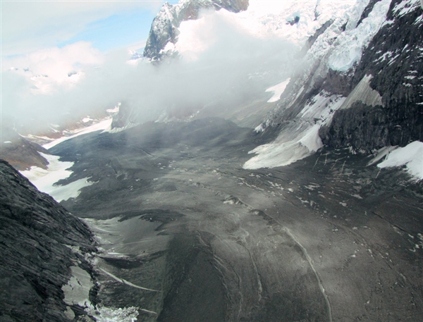 Aerial view of the landslide on the Johns Hopkins Glacier, Alaska. The 11 June 2012 landslide might be the largest ever recorded in North America. Drake Olson / flydrake.com / AP Photo
