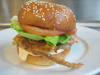 Crunchy softshell sandwich on brioche bun with Old Bay tartar sauce