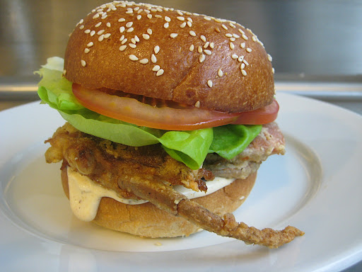 Crunchy softshell sandwich on brioche bun with Old Bay tartar sauce