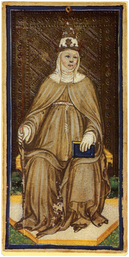 La Papisa, Tarot Visconti-Sforza, atribuido a Bonifacio Bembo. La Papisa, Tarot Visconti-Sforza, atribuido a Bonifacio Bembo.