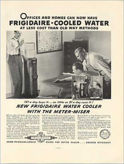 Vintage magazine ad for Frigidaire water cooler with meter-miser.