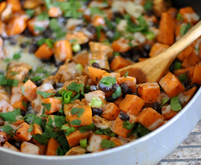 Sweet Potato, Chicken, and Black Bean Taco Skillet. A quick, easy, and healthy one-dish meal that is delicious and good for you! // www.maybematilda.com