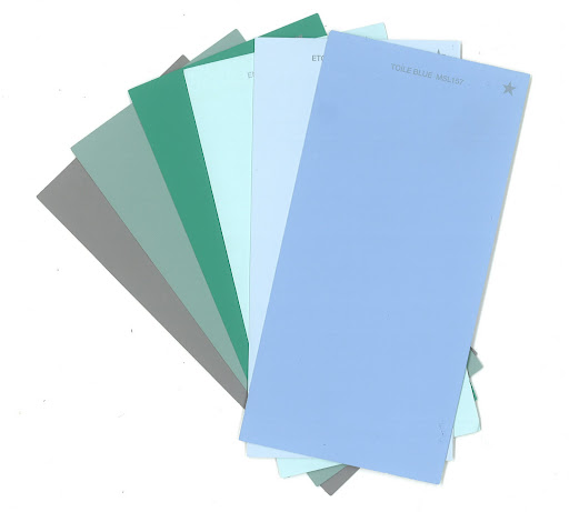 From right to left: Cement Gray (MSL266), Milk Pail (MSL122), Awning (MSL137), Enamelware (MSL116), Etched Glass (MSL144), and Toile Blue (MSL157). From right to left: Cement Gray (MSL266), Milk Pail (MSL122), Awning (MSL137), Enamelware (MSL116), Etched Glass (MSL144), and Toile Blue (MSL157).