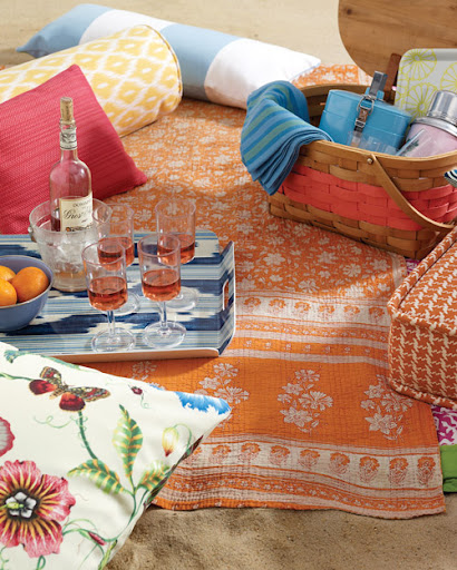This outdoor use of patterns could work well indoors, too. There are so many patterns at play here: a floral, butterfly print, the pink woven acrylic, a sunny ikat pillow, a nautical stripes pillow, and an orange houndstooth seat cushion. This outdoor use of patterns could work well indoors, too. There are so many patterns at play here: a floral, butterfly print, the pink woven acrylic, a sunny ikat pillow, a nautical stripes pillow, and an orange houndstooth seat cushion.