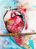 Flirty Bird. Watercolor, acrylic, paper, charcoal, oil on paper. 22x30