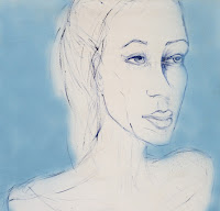 Lady in Blue, oil drawing and spray paint on canvas, 22x22
