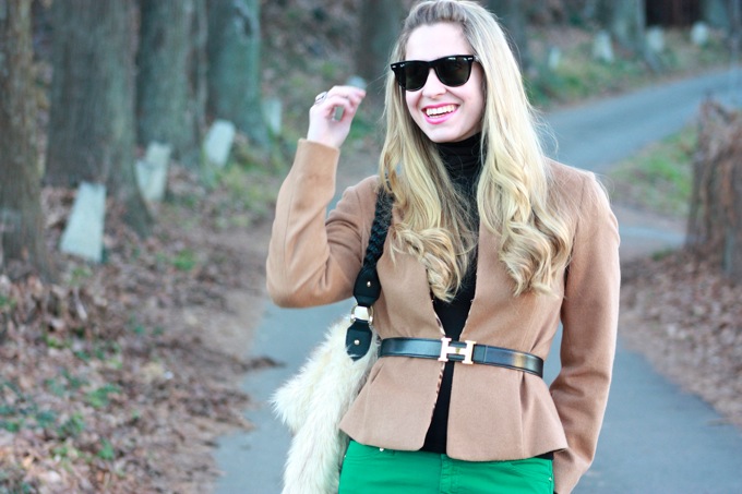green pant, fur bag, outfit