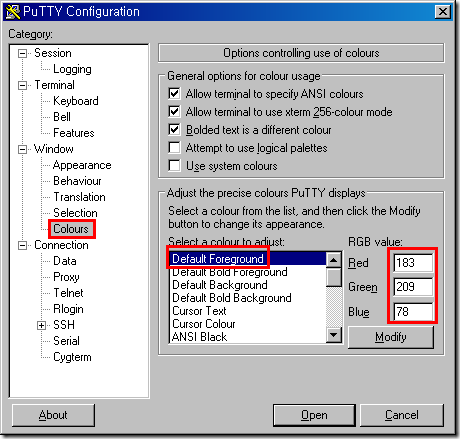 그림 8. PuTTY Configuration - Window - Colours A