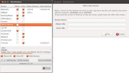 Rhythmbox Web Menu 2.2 su Ubuntu - preferenze
