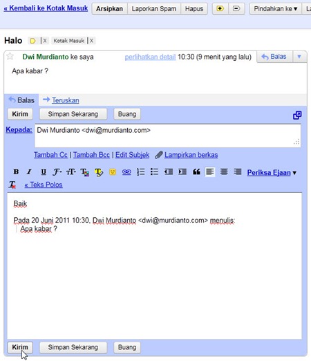 Tampilan mengirim email balasan di Gmail