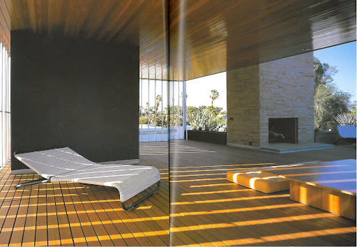 I love the low lying lounge chairs, floor pillows and table featured in this open room of the Kaufmann house (called 