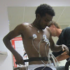 Excercise testing at Seneca, the sports science department of HAN
University in Nijmegen. Ethiopian Estifanos Gebresilassie from the Marco Polo Cycling Team getting ready to go on the bicycle ergometer. (photo: Nick Mitchell)
