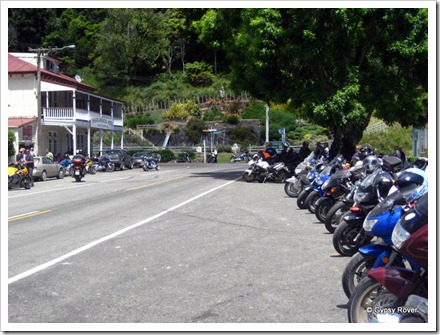 Motorcycles on the Chateau to Plateau arriving at Whangamomona.