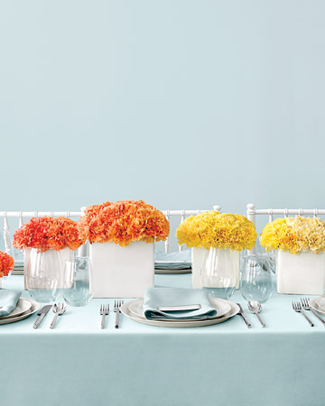 I have never hidden my love of carnations. For big-impact, cluster different colors in modern, minimalist vases that will offset their ruffled softness. (marthastewartweddings.com) I have never hidden my love of carnations. For big-impact, cluster different colors in modern, minimalist vases that will offset their ruffled softness. (marthastewartweddings.com)