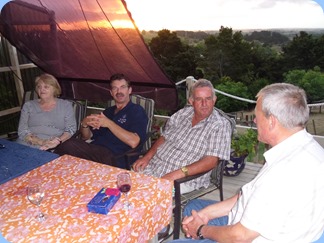 Sunset on the terrace and after a scrumptious dinner/BBQ. Left to Right: Jeanette Beamish, Peter Littlejohn, Ken Mahy, and, host, Flemming Moller.