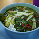 Vegetarian soto mee hoon soup (noodles, fake chicken, cucumber and various spices)