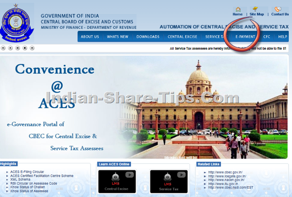 Service tax e-payment login page
