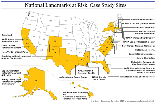 Map of the United States showing national landmarks that have been identified by the Union of Concerned Scientists (UCS) as vulnerable to the effects of abrupt climate change, such as sea level rise and wildfires. Graphic: UCS